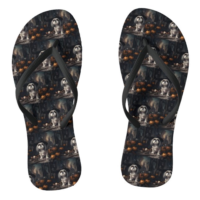 Shih Tzu Pumpkins Halloween Scary  Jandals (Footbed)