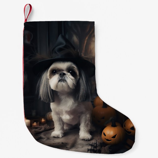 Shih Tzu Pumpkins Halloween Scary  Small Christmas Stocking (Front)