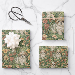 Shih Tzu Puppies in a William Morris Style Garden Wrapping Paper Sheet