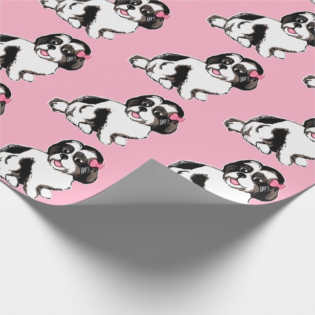 Shih Tzu Puppies Pattern Pink Wrapping Paper (Corner)