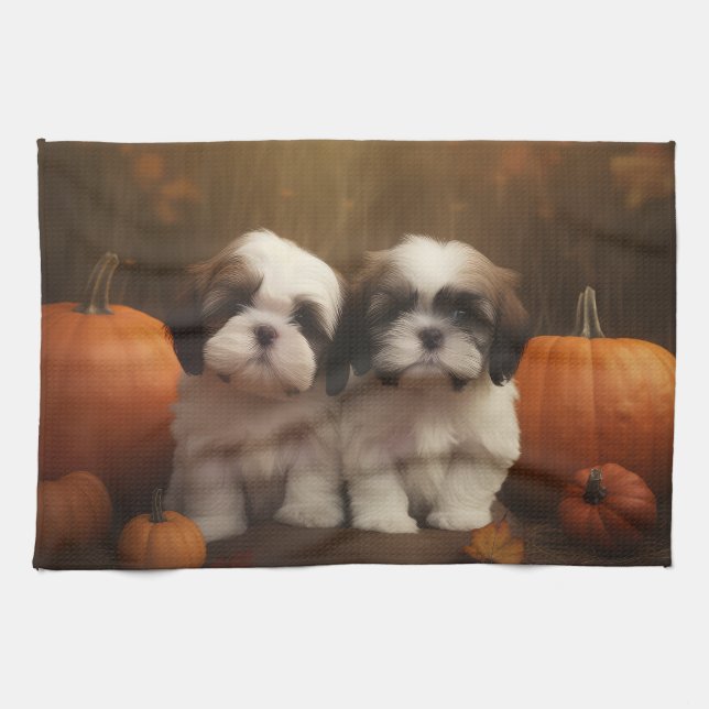 Shih Tzu Puppy Autumn Delight Pumpkin  Tea Towel (Horizontal)