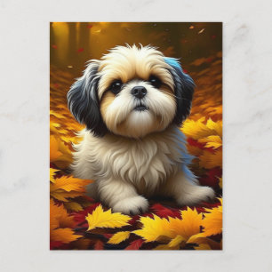 Shih Tzu Puppy Dog Playing in Fall Leaves   Postcard