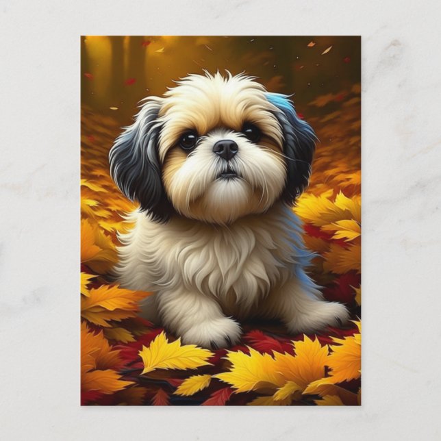 Shih Tzu Puppy Dog Playing in Fall Leaves   Postcard (Front)