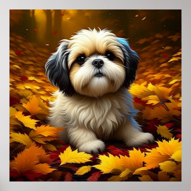 Shih Tzu Puppy Dog Playing in Fall Leaves   Poster (Front)