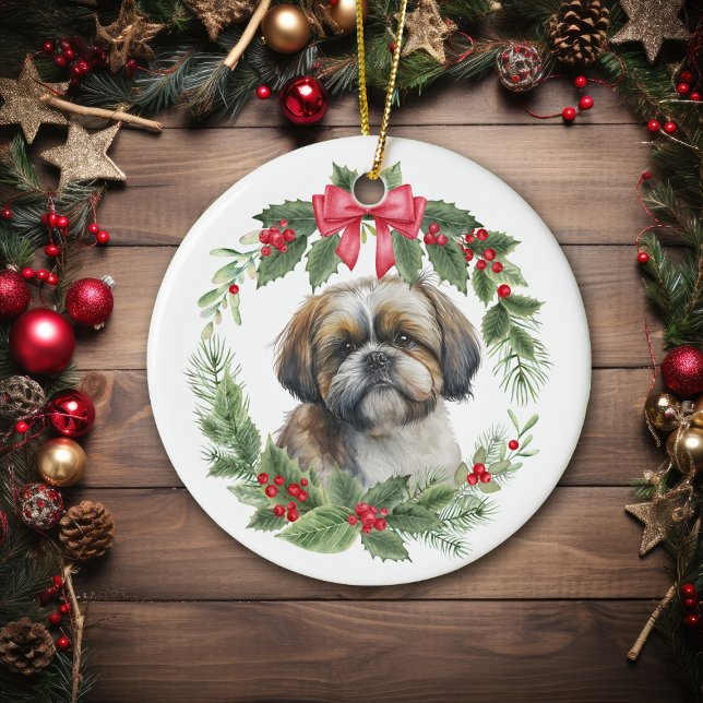 Shih Tzu Red Bow Holly Wreath Ceramic Tree Decoration (Creator Uploaded)