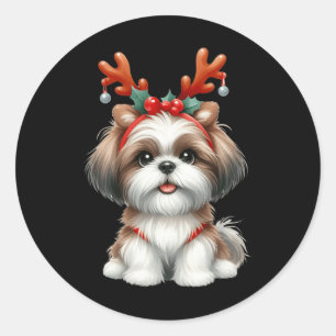 Shih Tzu Reindeer Santa Hat Xmas Lights Christmas  Classic Round Sticker