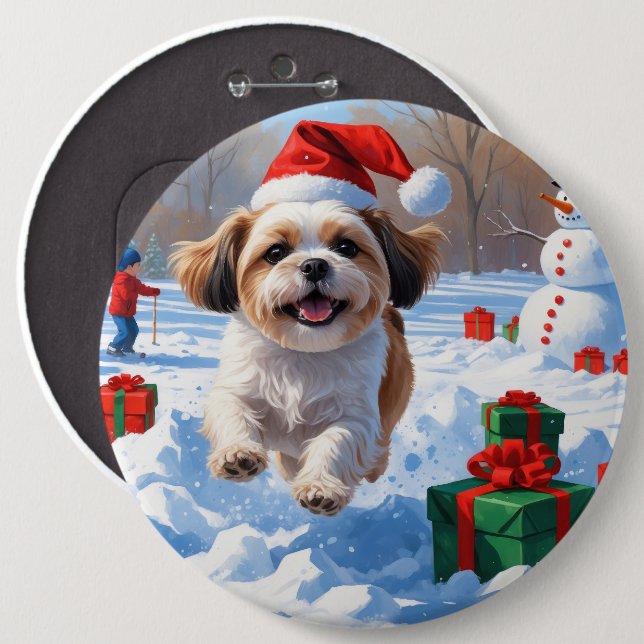 Shih Tzu Running in Snow with Christmas Hat 6 Cm Round Badge (Front & Back)