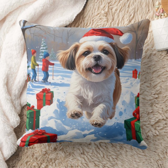 Shih Tzu Running in Snow with Christmas Hat Cushion (Blanket)