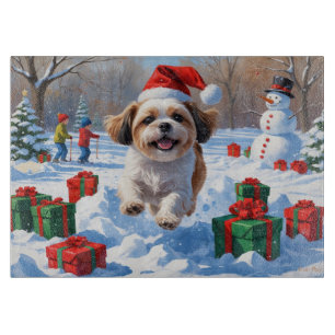 Shih Tzu Running in Snow with Christmas Hat Cutting Board