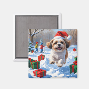 Shih Tzu Running in Snow with Christmas Hat Magnet