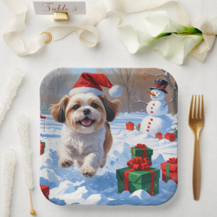 Shih Tzu Running in Snow with Christmas Hat Paper Plate