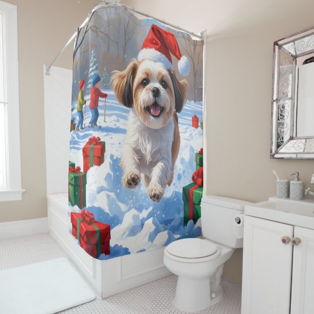 Shih Tzu Running in Snow with Christmas Hat Shower Curtain (In Situ)