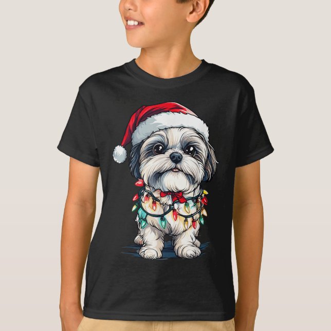 Shih Tzu Santa Christmas Tree Lights Xmas Dog Love T-Shirt (Front)