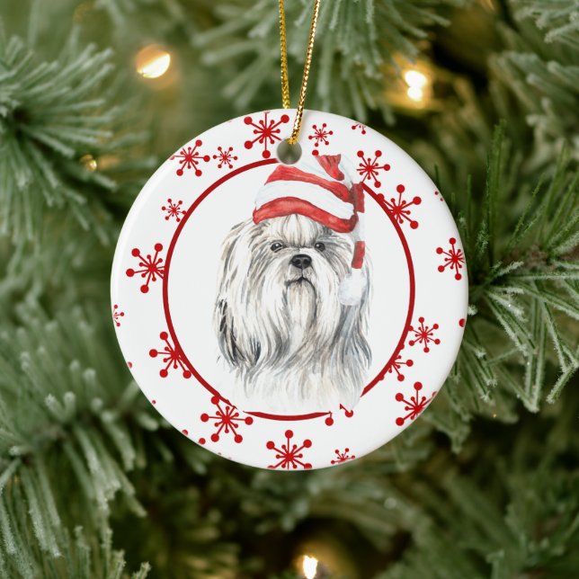 Shih Tzu  Santa Hat Red Snowflake Ceramic Tree Decoration (Tree)