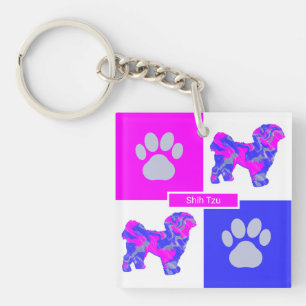 Shih Tzu Silhouette Dog & Paw Pink and Blue Square Key Ring