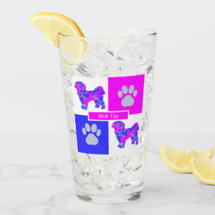 Shih Tzu Silhouette Dog & Paw Pink Blue Square Glass