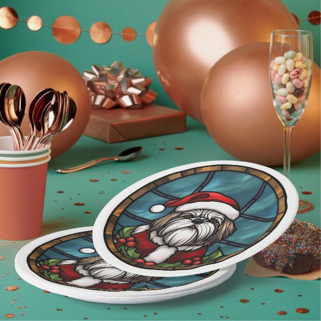 Shih Tzu Stained Glass Christmas Paper Plate (Multi)