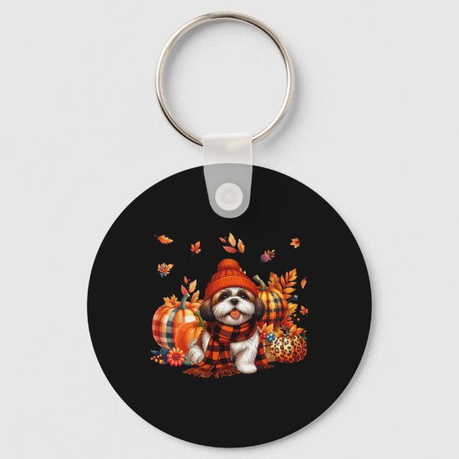 Shih Tzu Thanksgiving Leopard Pumpkins Fall Leaves Key Ring (Front)