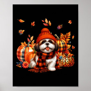 Shih Tzu Thanksgiving Leopard Pumpkins Fall Leaves Poster