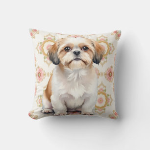 Shih Tzu Watercolor Floral Medallion Art Cushion