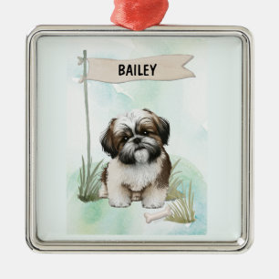  Shih Tzu Watercolor Personalised Dog Metal Tree Decoration