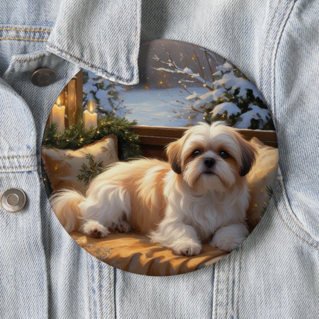 Shih Tzu with Christmas Lights Holiday  6 Cm Round Badge (In Situ)