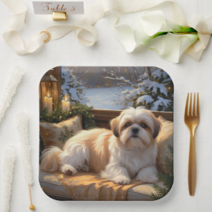 Shih Tzu with Christmas Lights Holiday  Paper Plate