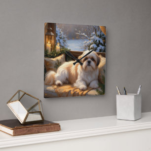 Shih Tzu with Christmas Lights Holiday  Square Wall Clock