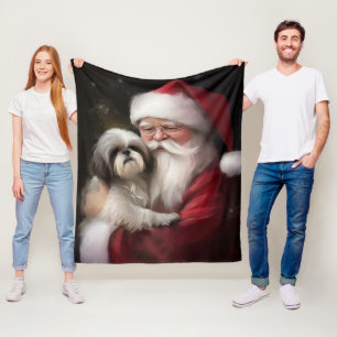 Shih Tzu With Santa Claus Festive Christmas Fleece Blanket