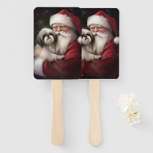 Shih Tzu With Santa Claus Festive Christmas  Hand Fan