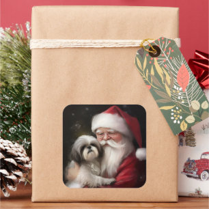 Shih Tzu With Santa Claus Festive Christmas Square Sticker
