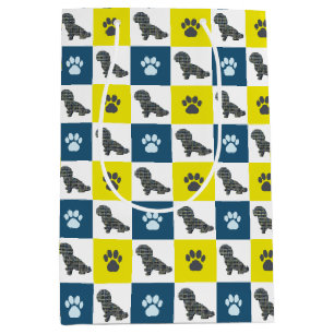 Shihpoo Dog & Paw Print Yellow Grid Silhouette Medium Gift Bag