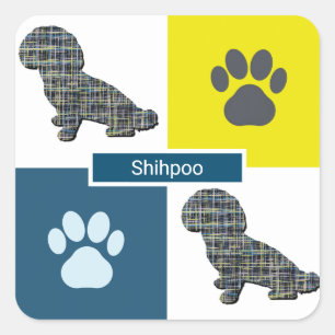 Shihpoo Dog Silhouette & Paw Print Y&B Grid Square Sticker