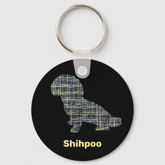 Shihpoo Dog Silhouette Yellow & Black Grid Lines Key Ring (Front)