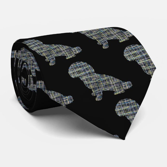 Shihpoo Dog Silhouette Yellow & Black Grid Tie (Rolled)