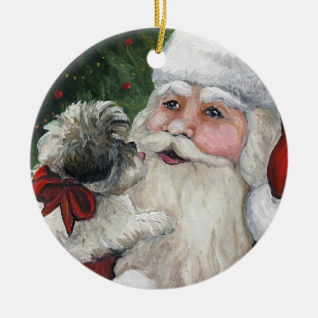 Shihtzu and Santa Dog Art Christmas Ornament (Front)