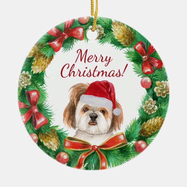 Shihtzu Dog Merry christmas Ceramic Tree Decoration (Front)