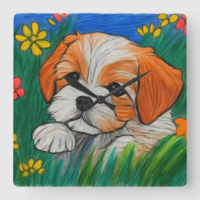 Shihtzu puppy crayon look art clock  (Front)