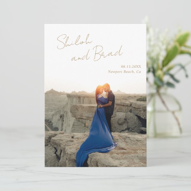 Shiloh Antique Gold Modern Elegant Wedding Save The Date (Standing Front)