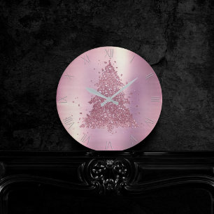 Shimmer Christmas Trees Mauve Pink Dusty Rose Round Clock