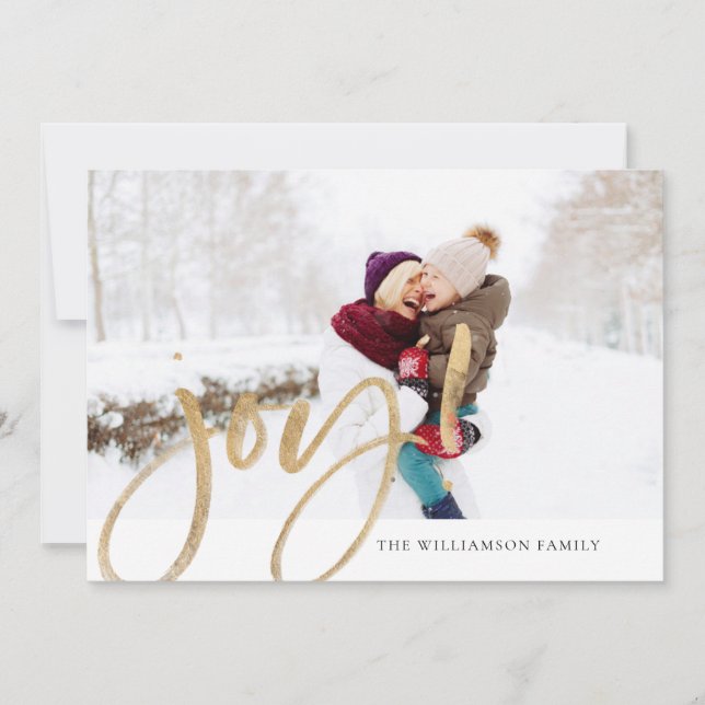 Shimmer Gold Foil Joy Typographic Full Photo Holiday Card (Front)