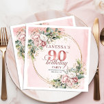 Shimmer Rose Gold Blush Floral 90th Birthday Party Napkin<br><div class="desc">✅ For matching items search 36-90 in my collections ✅ Celebrate a beautiful milestone with elegant 90th birthday napkins featuring watercolor dusty pink and blush pink flowers, soft eucalyptus greenery, and a shimmering rose gold frame. This boho floral design adds a romantic, stylish touch to any party table and makes...</div>