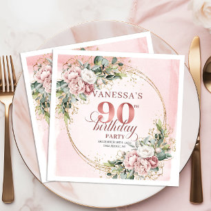 Shimmer Rose Gold Blush Floral 90th Birthday Party Napkin
