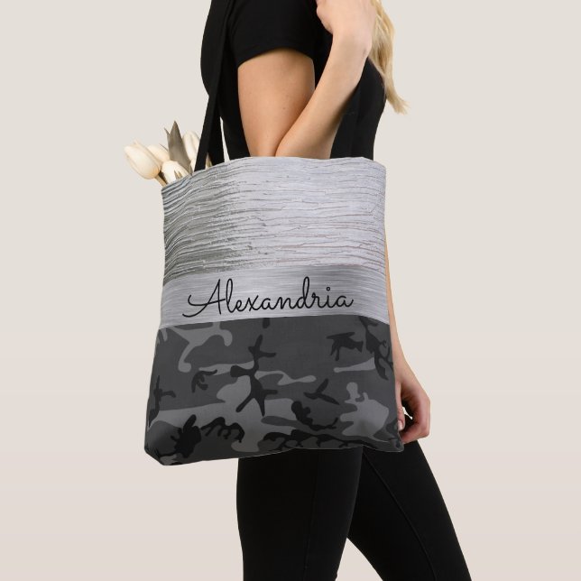 Shimmer Silver Black Camo Personalised Tote Bag (Close Up)