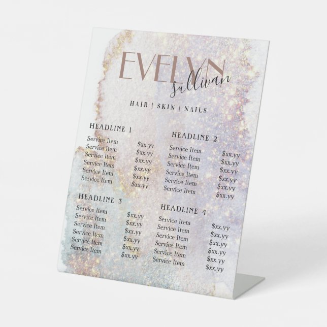 Shimmer watercolor price list pedestal sign (Front)
