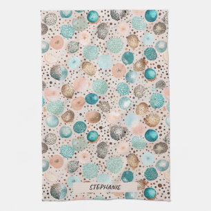 Shimmering Abstract Dot Pattern in Turquoise, Pink Tea Towel