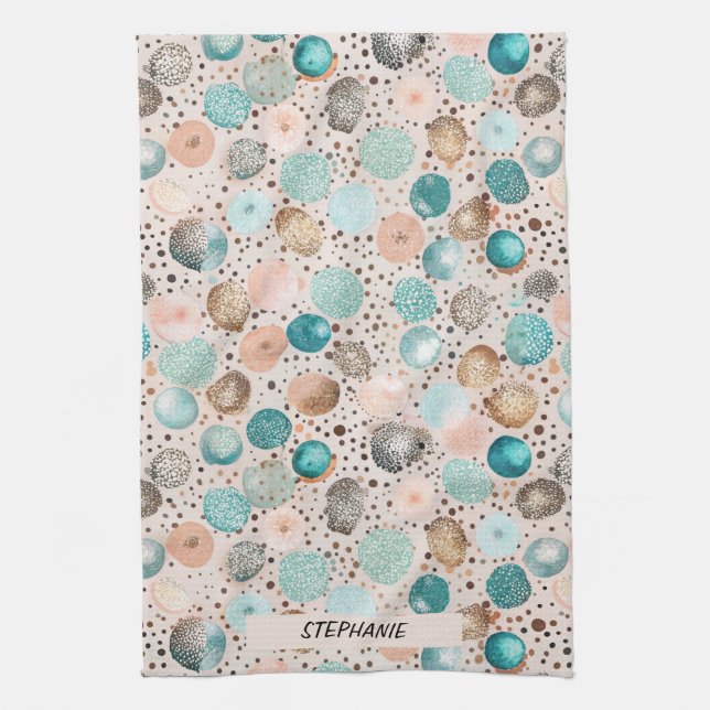 Shimmering Abstract Dot Pattern in Turquoise, Pink Tea Towel (Vertical)