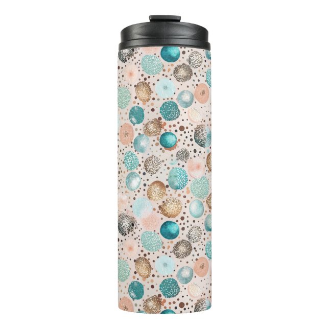 Shimmering Abstract Dot Pattern in Turquoise, Pink Thermal Tumbler (Front)