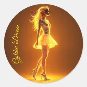 Shimmering beauty in stylish golden dress art classic round sticker