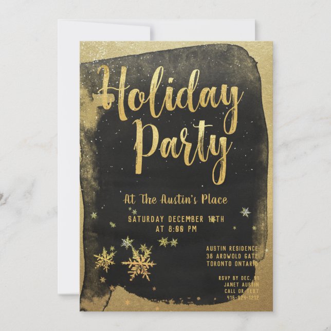 Shimmering Black Gold Calligraphy Holiday Party Invitation (Front)